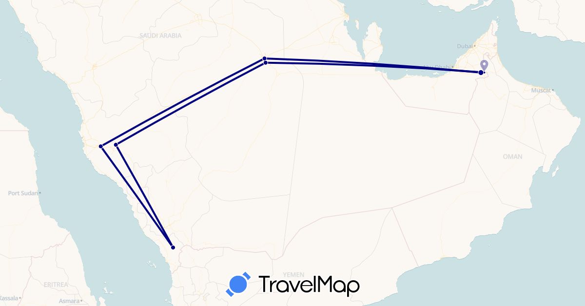 TravelMap itinerary: driving in United Arab Emirates, Oman, Saudi Arabia (Asia)